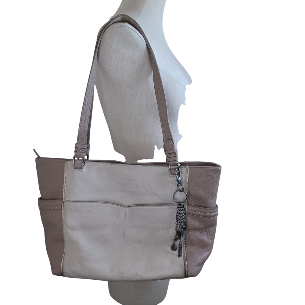 The Sak Leather Tote Bag Cream Taupe Colorblock Shoulder Bag Stitch Trim